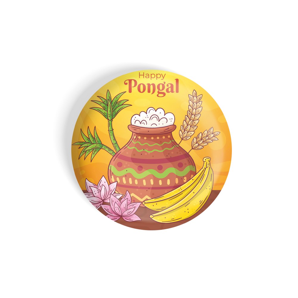 dhcrafts Round Fridge Magnet Yellow Pongal D3 Glossy Finish Design Pack of 1 (75 mm)